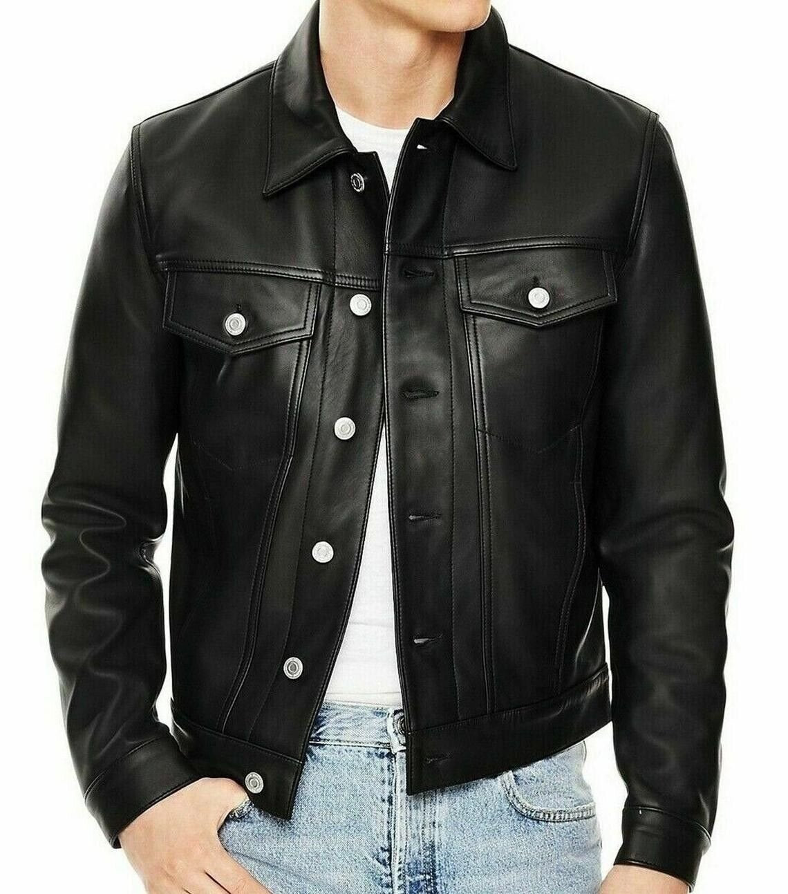 n's Genuine Sheepskin Black Trucker Leather, bomber women's leather jackets